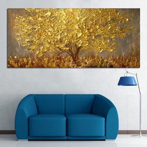 Top Selling Golden Trees Modern Decorative Art Handpainted Knife Oil Painting Wall Pictures Home Decoration Shining Bravo Art