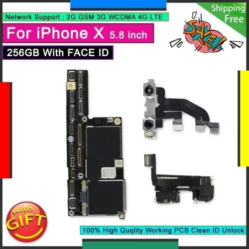 For IPhone X 256GB with Face ID Unlocked Motherboard Good Mainboard Free iCloud Original Logic Board Working Face Function