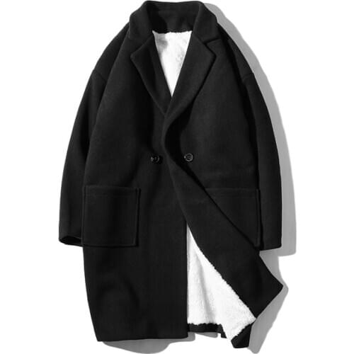 Mens Notched Lapel Double Breasted Long Pea Coat Trench Coat Fleece inside Long Sleeve Winter Jacket Overcoat Couple Wear S-XXL