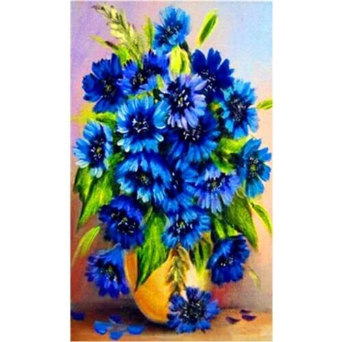 DIY 5D Diamond Painting by Number Kit, Blue Flowers Rhinestone Embroidery Cross
