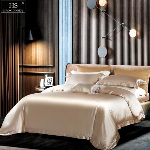 Champagne 26Momme Mulberry Silk Bedding Sets Yarn Dyed Embroidery Duvet Cover Bed Sheets Pillowcase Fiber Queen Nordic Style
