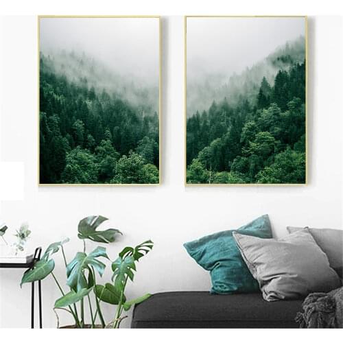 Nordic Poster Fog Forest Wall Art Painting Natural Landscape Canvas Prints Green Tree Posters Modern Wall Pictures Home Decor
