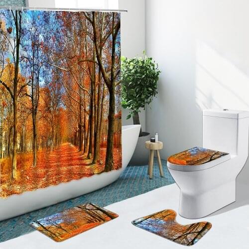 Autumn Nature Scenery Shower Curtain Forest Waterfall Non-Slip Flannel Rugs Toilet Cover Bath Mats Bathroom Set Floor Mat Decor