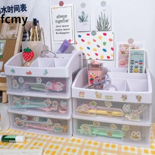 2/3 Layer Plastic Stationery Storage Box Kawaii Organizer Pen Storage Box Sticker Case Sundries Holder Pencil Organizer Box