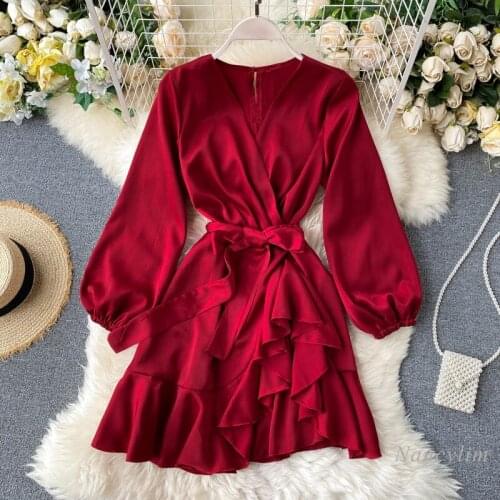 New Long-Sleeved Dress V-neck Lace-up Waist Slimming Ruffled A- Line Red Dress Women Elegant Ladies Dresses