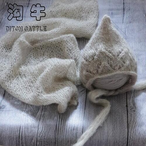 Complete set of sale.Hand Knit Mohair Wrap With Bonnet .Newborn Photography Props Baby Shower Gift Props For Baby