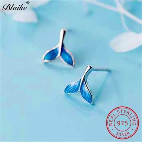 Blaike Cute Small Mermaid Tail Stud Earrings For Women Solid s925 Sterling Silver Blue Enamel Earrings Female Wedding Jewelry