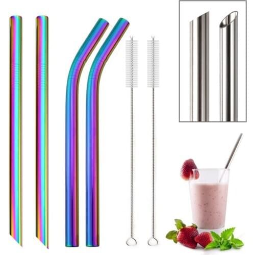 4pcs Reusable 12mm Metal Straws with 2 Brush 304 Stainless Steel Straws Straight Bent Tips Bar Drinking Straw for Bubble Tea