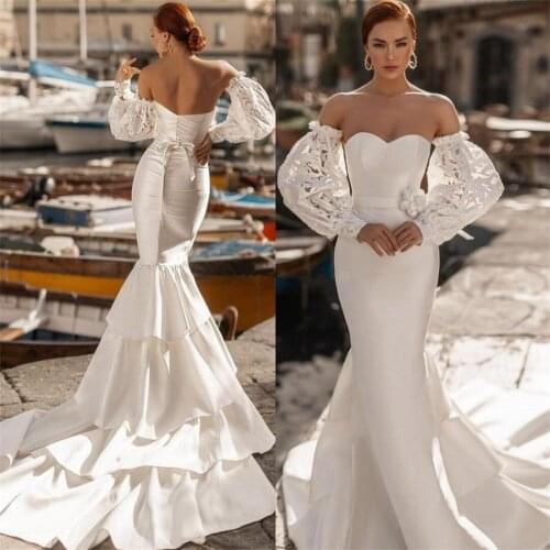 Boho Mermaid Wedding Dress Bridal Gowns With Detachable Sleeves Lace Tiered Satin Sweetheart Plus Size Country Robe De Mariee
