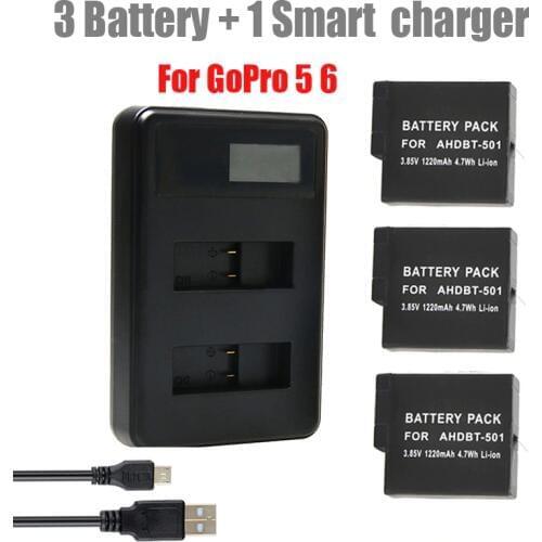 For GoPro Hero 5 Hero 6 Hero 7 LCD Smart charging Charger+3 PCS Lithium Battery For Gopro 7 6 5 Camera accessories
