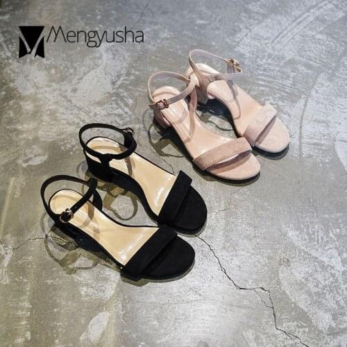 Suede brief nude heels sandals buckle strap chunky med high heels shoes offices ladies solid square toe femmes sandales size 43