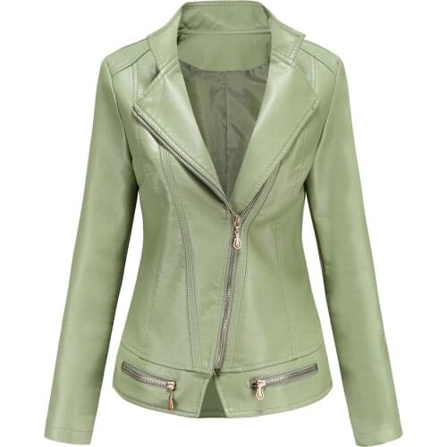 FMFSSOM New Spring Autumn Turn-down Collar Lady Faux Leather Jackets Women Slim Black Mustard Green pu Motor Jacket Solid