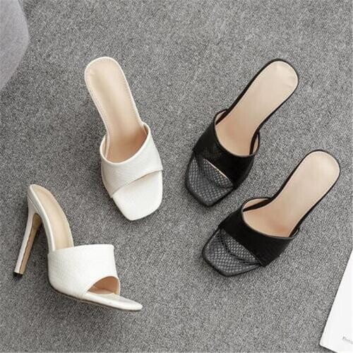 Women sandals PU Slip On 11cm Thin Heels High heels Square Toe Shallow women shoes sandalias mujer 2020 size 35-42 black white
