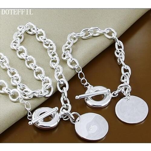 DOTEFFIL 925 Sterling Silver Round Tag 18 inch Chian Necklace 8 inch Bracelet Set For Women Wedding Engagement Party Jewelry