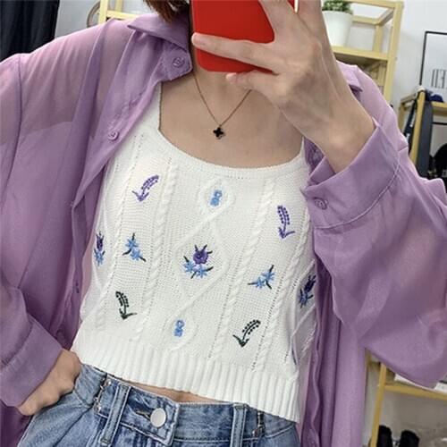 Women Knitted Crop Camis Top Ladies Floral Embroidery Knitted Short Vest Summer Sweater Vintage Tank Crop Camis Top