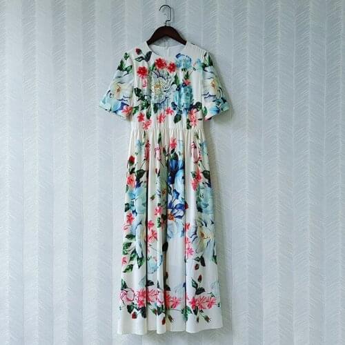 Summer 2021 Fashion runways womens diamonds beading floral print elegant dress B542