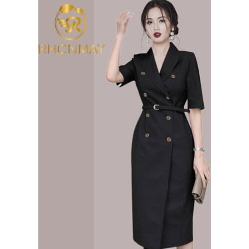 Vintage Women Dress Summer Korean Elegant OL Pencil Dress Notched Women Office Lady Short Sleeve Double Breasted Bodycon Dresses