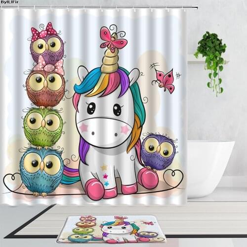 2pcs Cartoon Unicorn Bathroom Shower Curtains Cute Owl Children Baby Waterproof Bathtub Curtain And Non-Slip Bath Mats Wc Decor