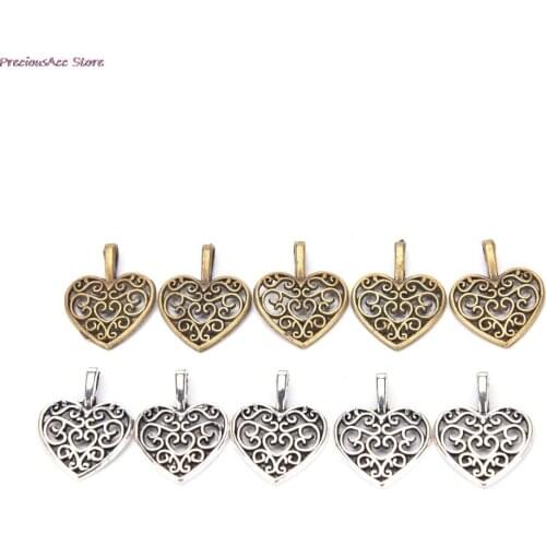 2021 New 50pcs 16.5x14.5mm Hollow Filigree Heart Charms Antique Bronze Vintage Metal Zinc Alloy Trendy Heart Pendant Jewelry