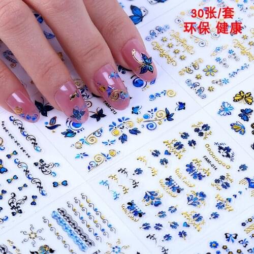 30 Sheets 3D Gold Blue Decals Hot Stamping Nail Art Stickers Nail Art Design Bling Shinning Butterfly Self Adhesive Nail Tattoos