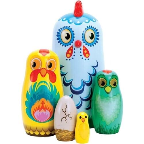 5Pcs/Set Wood Doll Russian Animal Chicken Nesting Dolls Matryoshka Kids Toy Gifts Crafted Doll Home Decor Tabletop Ornaments