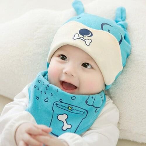 2021 Spring Autumn 5 Colors Newborn Headwear Cartoon Print Infant Beanie Cute Cotton Baby Hat with Bibs Set for Boys Girls 0-8M