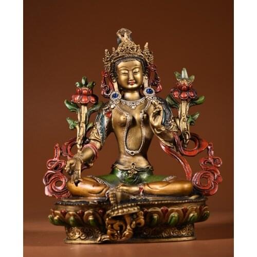 8"Chinese temple collection Old Bronze Painted Green Tara Guanyin Bodhisattva Sitting Buddha Ornaments Town House Exorcism