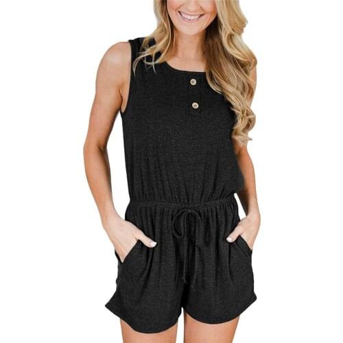 Fashion Women Summer Solid Color Playsuits Drawstring Design Button Pockets Decor O-Neck Short Sleeve Mid Waist Casual Jumpsuits