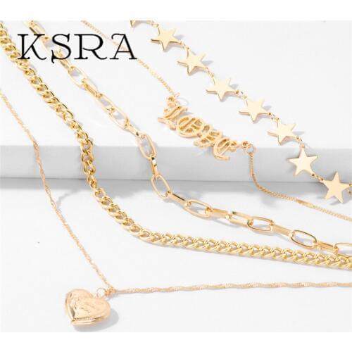KSRA 2020 New Fashion Multi-layer Love Pendant Necklace for Women Simple Gold Color Star Charm Alloy Necklace Jewelry Gift