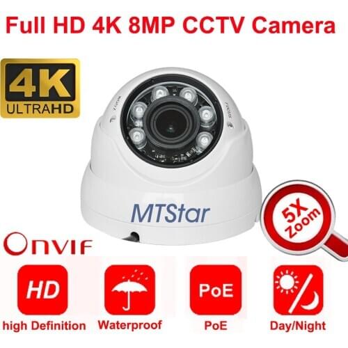 MTStar 4K(8MP) IP Dome Camera 5X Zoom IR Night Vision Support P2P Onvif PoE IP66 Waterproof Human Detection