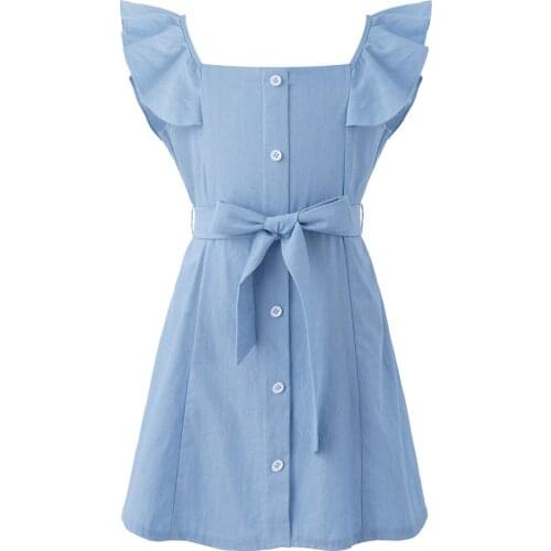Girls Dress Summer 2021 New Fashion Kids Dresses For Girls Sleeveless Square Neckline Solid Color Denim Dress Children Clothing