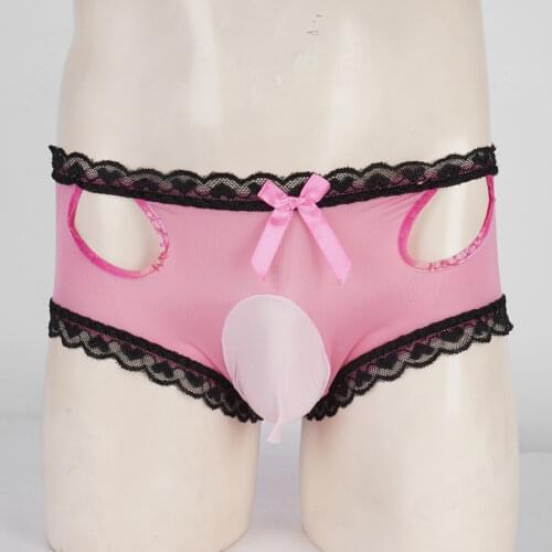 Summer Men Low Waist Bulge Pouch Panties Bownot Hole Briefs Lace Trim Stretchy Undrepants Sissy Underwear Clubwear for Nightclub