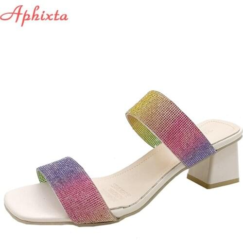 Aphixta 2021 New Summer Big Size 43 Mules Design Slippers Multicolor Crystals Sandal Slides 5cm Square Heels Women Shoes Female