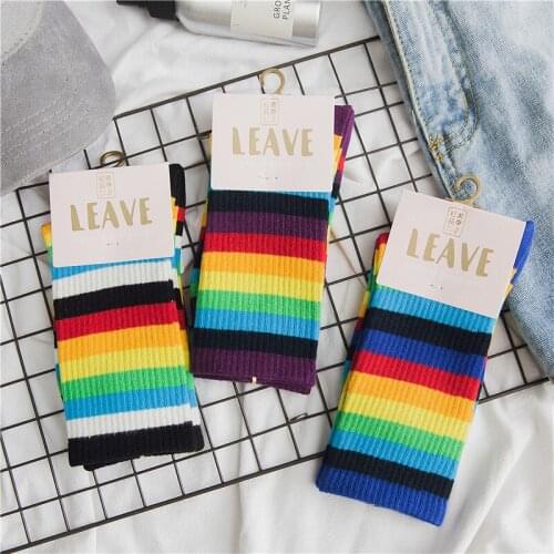 New casual womens color striped soxs personality rainbow 100% cotton ladies stockings college wind