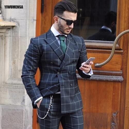 YIWUMENSA Fashion Dark Plaid Double Breasted Men Suits Slim Fit Tuxedo Wedding Groom Terno Masculino Blazer Jacket+Pant Sets H1