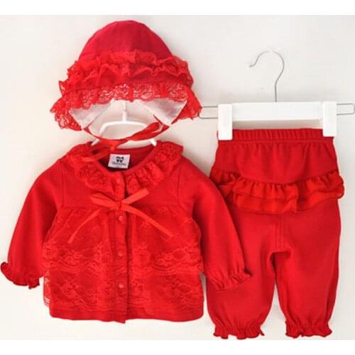 Newborn Baby Girls Clothes Infant Long Sleeve Lace Princess Style 3 Sets Hat+Coat+Pant High Quality Bebe Birthday Party Jumpsuit