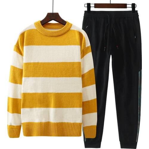 Autumn Winter Mens Sweater Tracksuits Mens Sports Sets Striped Oversize Pullovers Sweater Pants 2 Piece Sets Plus Size 8XL