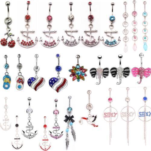 1PCS Flower Belly Button Ring Cute Elephant Navel Piercing Surgical Steel Cherry Dangles Belly Bar Piercing Nombril Lot Jewelry