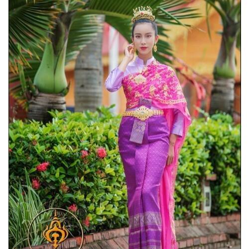 Thai Dress Stand Collar Long Sleeve Tops Purple Restaurant Welcome Annual Meeting Clothes Thailand Traditional Clothing