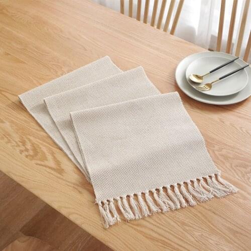 Table Runner Woven Table Cloth Walf Checks/Wave Decorative Beige Table Flag Covers for Dining Room Cotton Linen Tablecloth