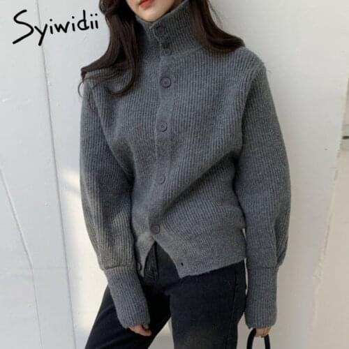 Syiwidii Sweater Woman Cardigan Tops Fall Winter 2021 New Knitted Gray Black Jackets Single Breasted Turtleneck Long Sleeve Coat