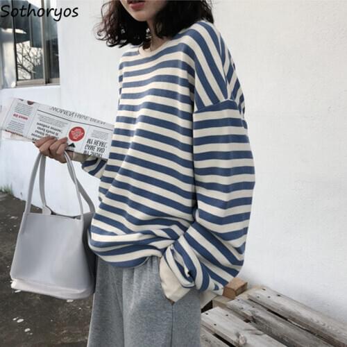 No Hat Hoodies Women BF Striped Simple Baggy Casual Retro Sweatshirts Korean All-match Fashion Female Soft Comfortable Ulzzang