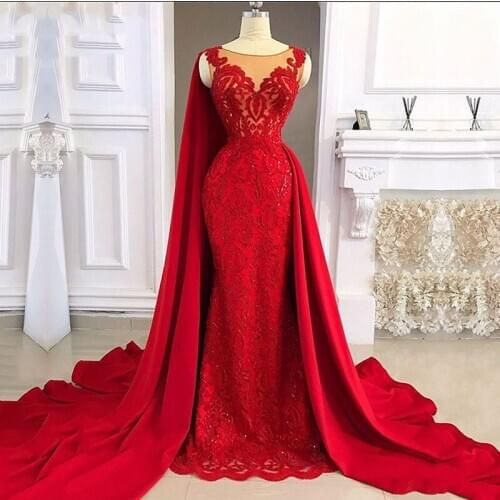 Eightale Dubai Evening Dress With Shawl O-Neck Lace Appliques Red Prom Gown Mermaid Custom Made Satin Formal Party Dresses 2020
