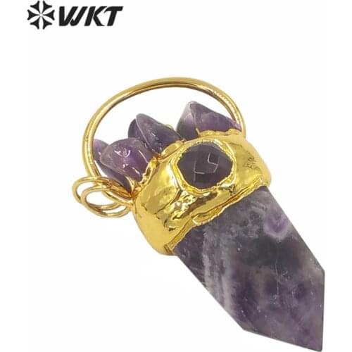 WT-P1580 wholesale natural real stone a-methyst spirit point pendant gorgeous gold electroplated a-methyst point pendant