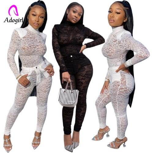 2020 New Spring Women Sets Turtleneck Full Sleeve Mesh Bodysuit + Pants Suit 2 Piece Set Lace Sexy Night Club Tracksuits Outfits
