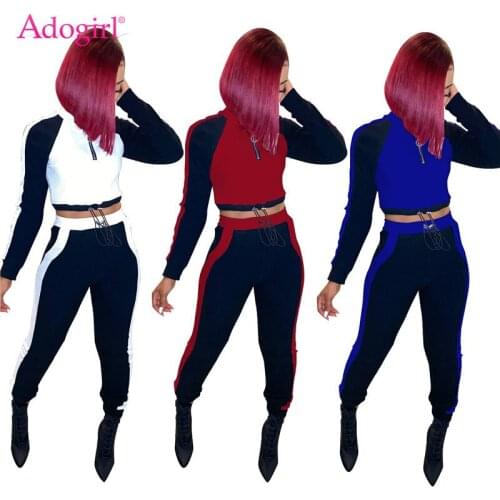 Adogirl Color Patchwork Ribbed Knitted Two Piece Set Women Casual Tracksuit Long Sleeve Crop Top Pencil Pants Autumn Winter Suit