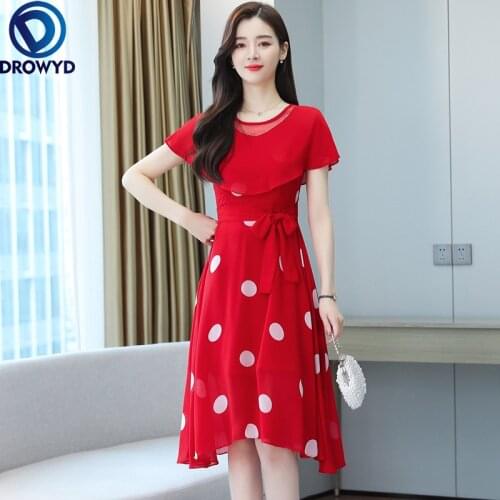 2021 Summer Womens Dress Plus Size Vintage Dot Short Sleeve Chiffon Dress Office Elegant Ladies Fashion Dresses Plus Size Dress