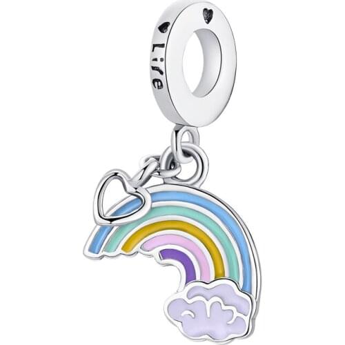 Free Shipping Authentic 925 Sterling Silver Rainbow & Cloud Dangle Charm Fit Original Pandora Bracelets For Women DIY Jewelry