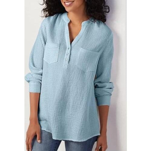 Autunm Women Blouses Fashion Casual Solid Color Long Sleeve Shirts Stand Collar V-Neck Cotton and Linen Loose Tops