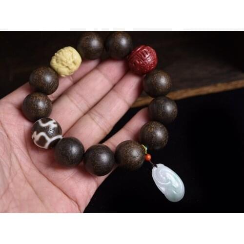Wholesale Natural Aquilaria Bead String Bracelet Three Eyed Bottle Dzi Gold Cream Jade Dragon Jewelry Fathers Day Gift